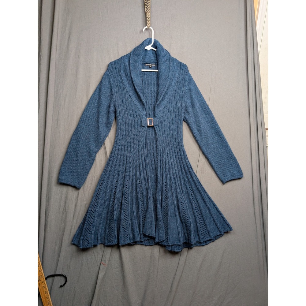 Beretti Blue Ribbed Fit and Flare Cardigan Sweater Shawl Collar Buckle Front